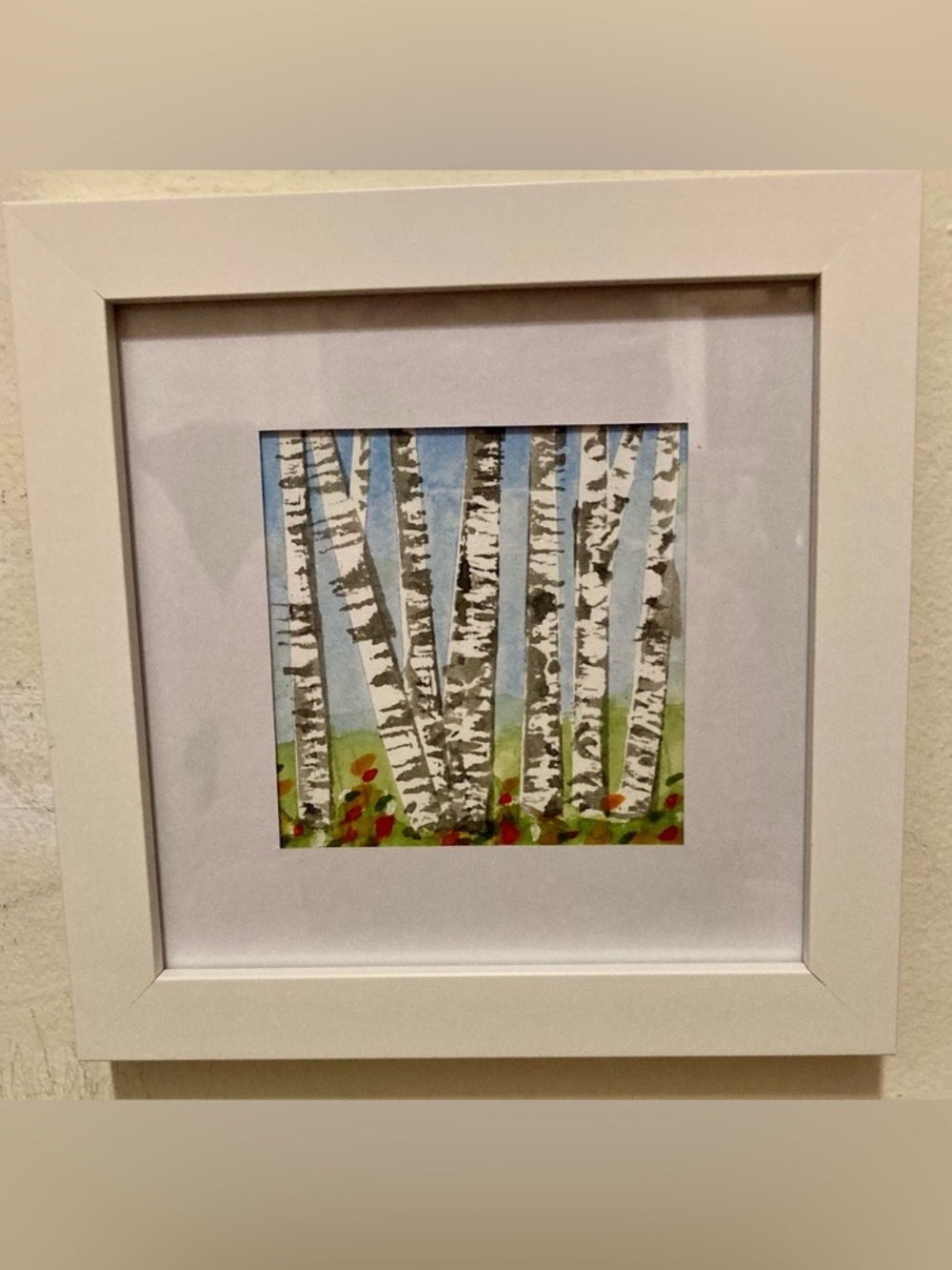 Framed Original Watercolor Art “Birch Trees” Home Decor Size 7”x7”